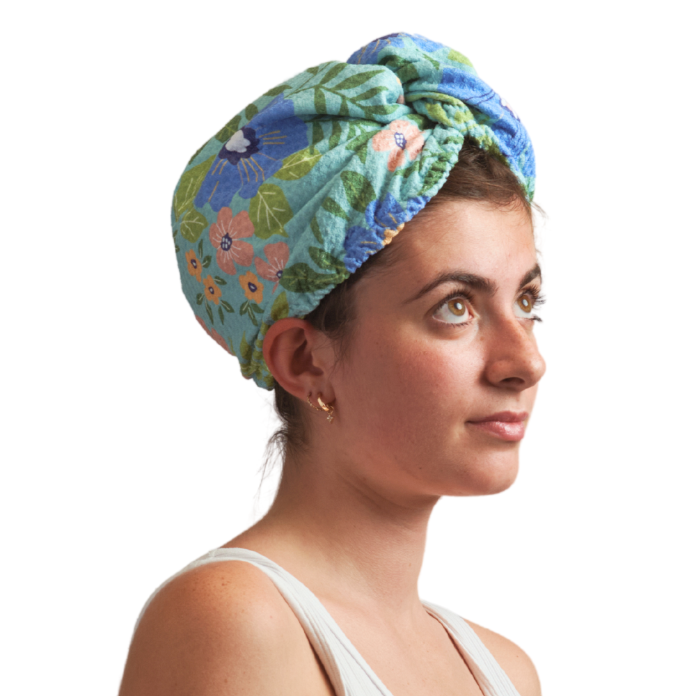 Hair Towel Wrap - Garden in Turquoise