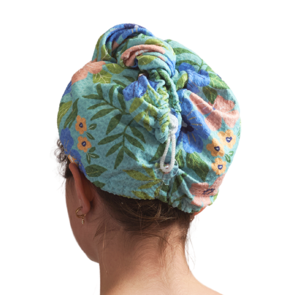 Hair Towel Wrap - Garden in Turquoise